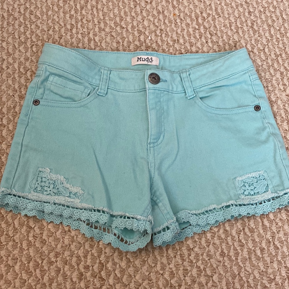 Size 16, Mudd girls teal blue shorts with lace.